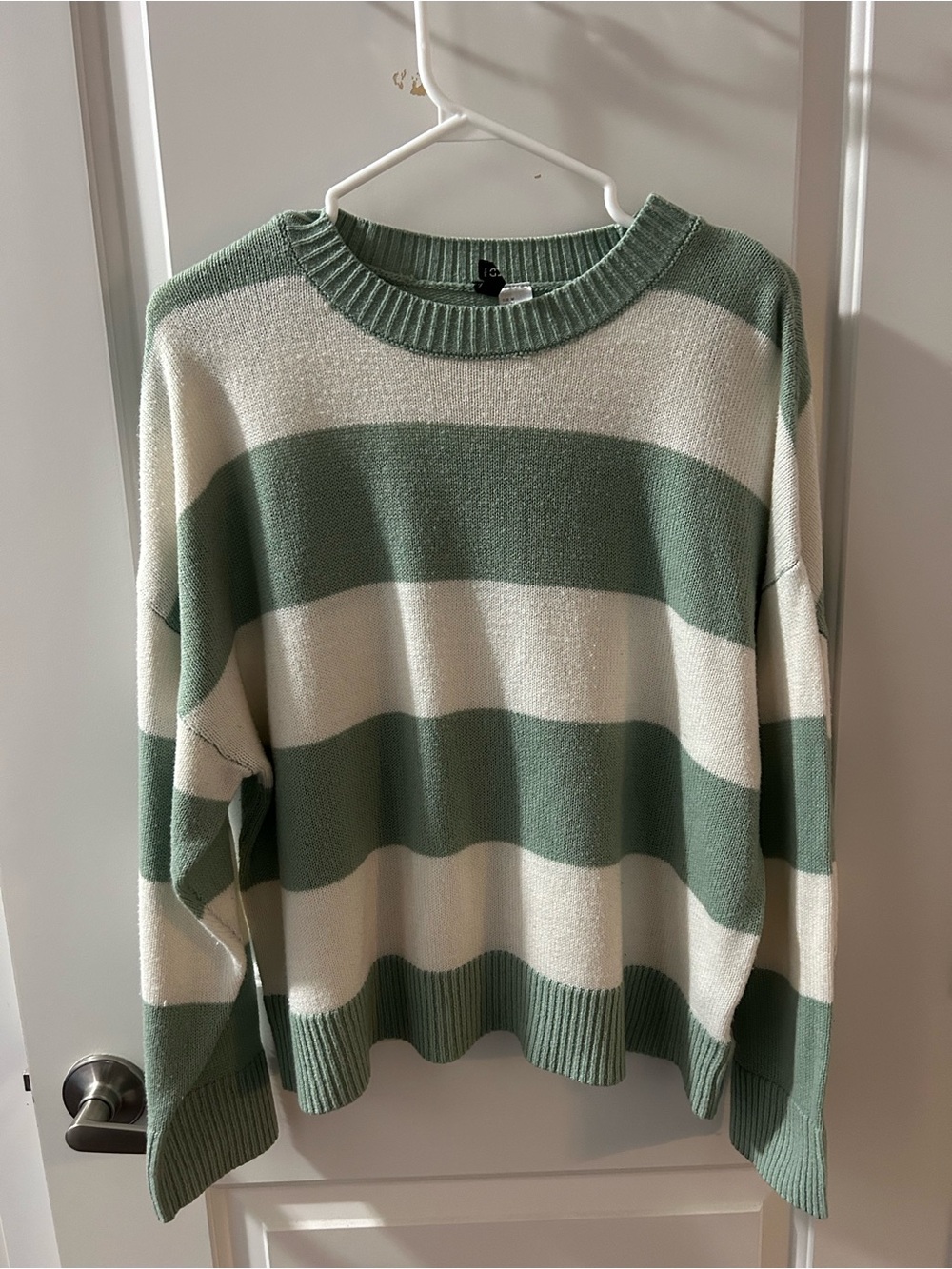H&M Striped Crewneck Sweater - Sage Green & Cream